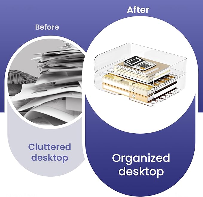 Tomorotec 2 Pack Clear Stackable Letter Tray, A4 Desk File Organizer Set | Durable PET Anti-Skid Base for Home, School or Office Document Paper Storage, Side Load Access, 2-Pack