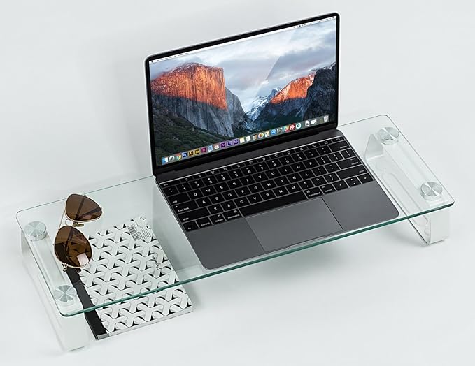 Mount-It! Glass Monitor & Laptop Riser Stand, 22", 44 lbs | Clear flat screen display stand with desktop shelf and organizer, glass and aluminum construction.