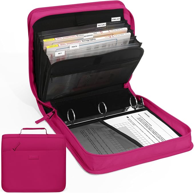 SUNEE Zipper Binder with Handle, 1.5 Inch O-Ring, 325 Pages Capacity, with 5-Tab Expanding File Folder for Classified Storage, Small Size Lightweight Zipper Bag for Middle School Students, Berry Pink