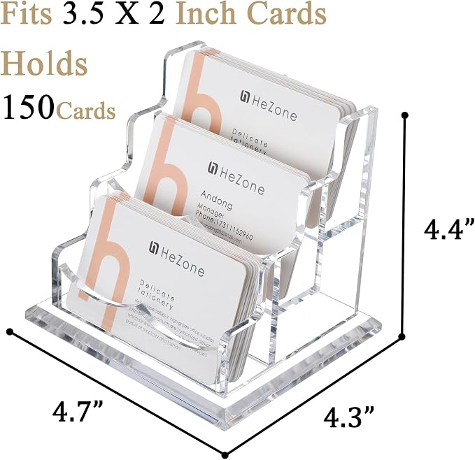 HeZone Business Card Holder for Desk 3 Slots 3 Tier, Clear Acrylic Cards Display Stand, Cards Organizer for Women and Men, Hold 150 Cards-Horizontal 3 Slots