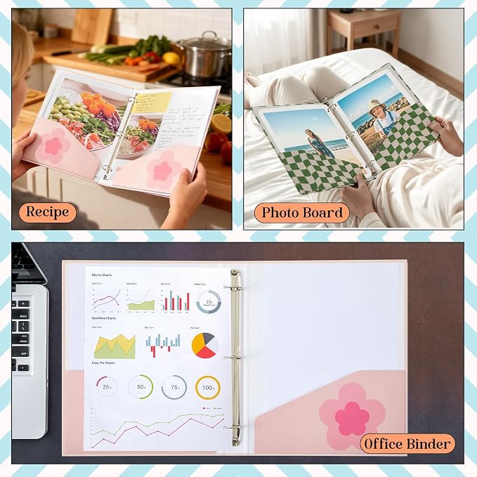 ReliThick 4 Pcs Retro Plaid Floral 3 Ring Binder, 1 Inch Round Ring with Interior Pockets, Decorative Retro Binders, Clipboard Binder, Groovy School Supplies for School Office, Letter Size