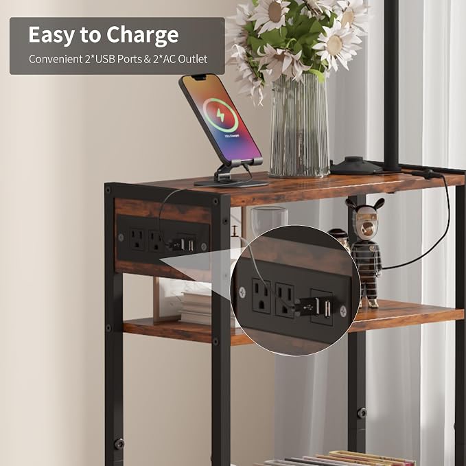 HavenlyYouth Floor Lamp with Table & Storage Baskets, End Table with 3 Color Temperatures LED Bulb, Nightstand with Charging Station, Shelves Side Table for Living Room, Bedroom, Office - Brown
