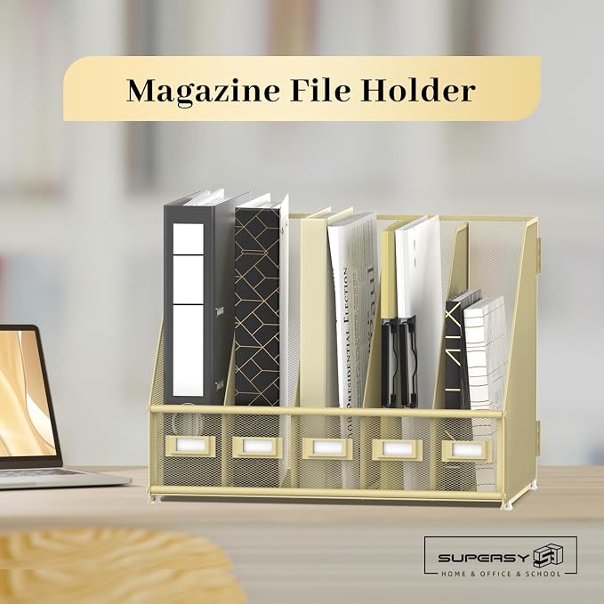 Desk Organizers Metal Desk Magazine File Holder with 5 Vertical Compartments Rack File Organizer for Office Desktop, Classroom, Home Workspace, Golden Yellow, Plus