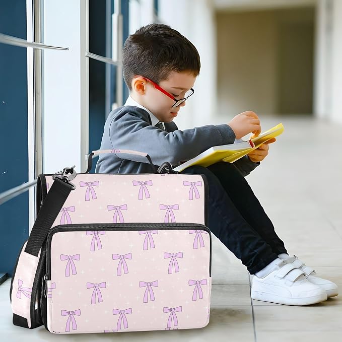 Aslsiy Zipper Binder Bag for Girls Boys Lovely Bows Star Pink Kids 2 inch 3-Ring Binder Organizer with Shoulder Strap for School Office Supplies