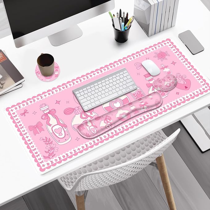 Desk Mat Pad, Gaming Mouse Pad Wrist Support Set, 4 in1 Non-Slip XXL Large Mousepad + Ergonomic Keyboard Wrist Rest+Mouse Wrist Rest+Coaster for Home Office Computer I Pink Kawaii Bow Bottle