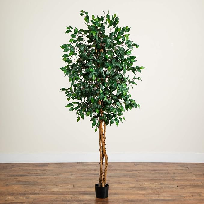 Nearly Natural 74 in Triple Trunk Artificial Ficus Tree for Home Decor | Lush Deep Green Leaves, Natural Wood Trunks, Black Nursery Planter, Ideal for Indoor Home Decor