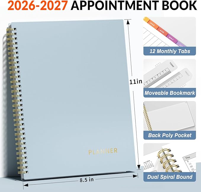SUNEE 2026-2027 Appointment Book, Quarter-Hourly, Weekly & Monthly - from July 2026 to June 2027, 8.5"x11" Academic Planner, Flexible Cover, Note Pages, Bookmark, Spiral Binding, Blue