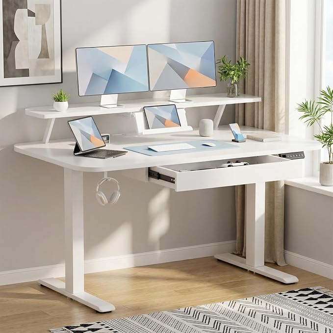 GTPLAYER Electric Standing Desk with Drawers, 48 x 24 Inches Height Adjustable Computer Desk with Monitor Stand, Laptop Stand, Sit Stand up Desk with Memory Preset for Home, Office, Ivory White