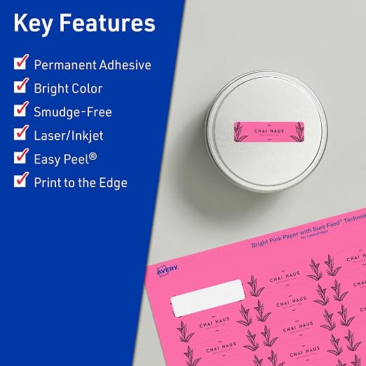 Avery Printable Rectangle Labels, Sure Feed Technology, 1/2" x 1-3/4", Bright Pink Labels, Print-to-The-Edge, Laser/Inkjet Printable, 2,400 Total, Great for Jars and More