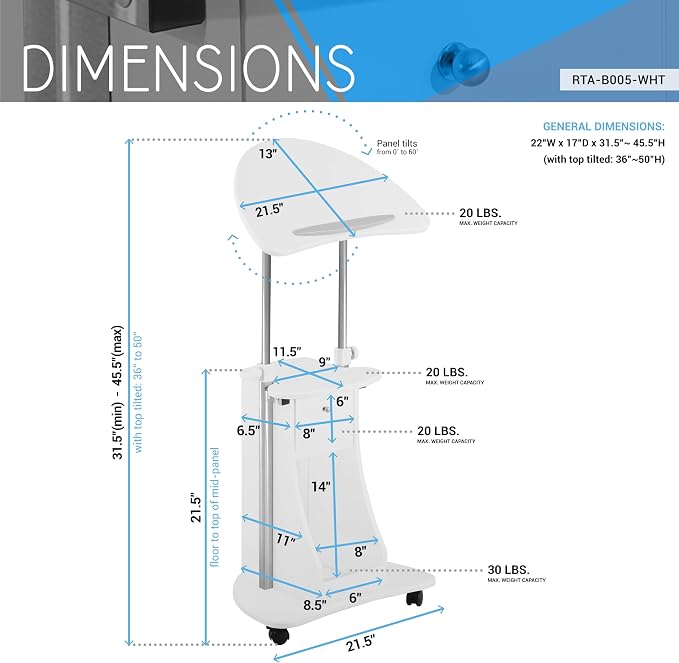 Techni Mobili Adjustable Height Rolling Laptop Cart with Storage, White | Adjustable Height Rolling Laptop Cart with Tilting Top, Storage Shelf, Locking Wheels, Sit to Stand Desk, Mobile Podium,White