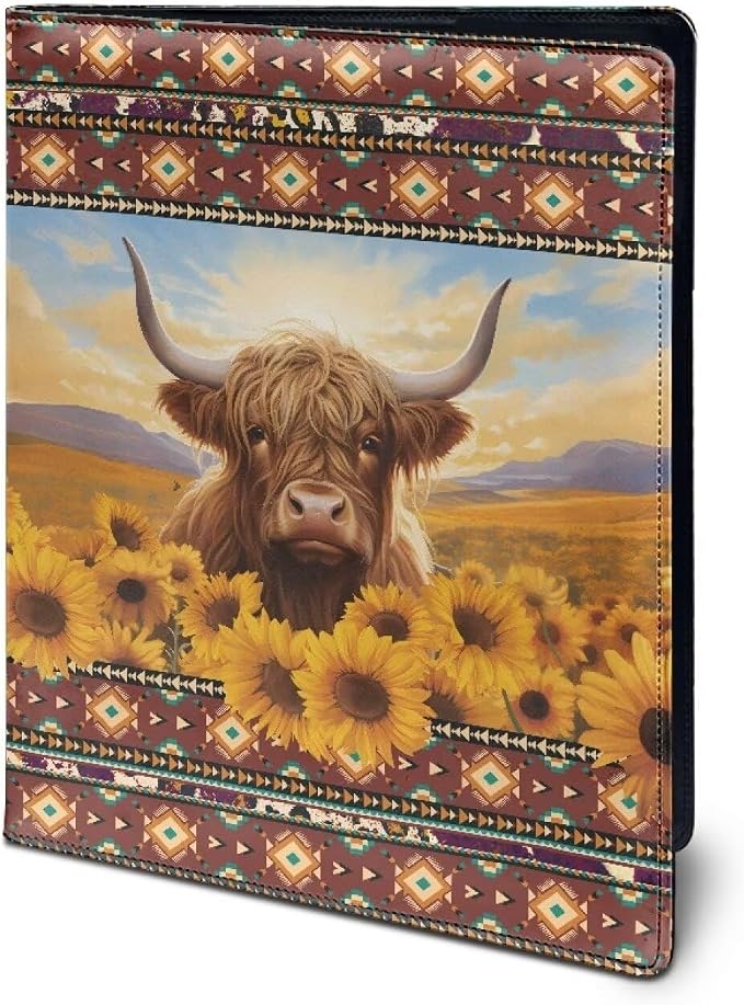 Dreaweet Aztec Highland Cow Padfolio for Women,Portfolio Folder for Letter Size Notepad,Personalized Leather Resume Portfolio Folder Organizer for Interviews/Meeting/Presentations