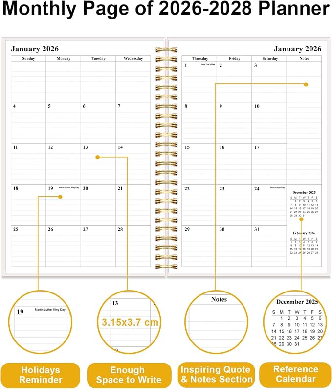 2026-2028 Monthly Planner - 36 Month PLanner Calendar from January 2026 to December 2028, 3 Year Planner 2026-2028 with Flexible Cover, Inner Pocket, Perfect for Home | School | Office, 5.8" x 8.5", Green Leaf