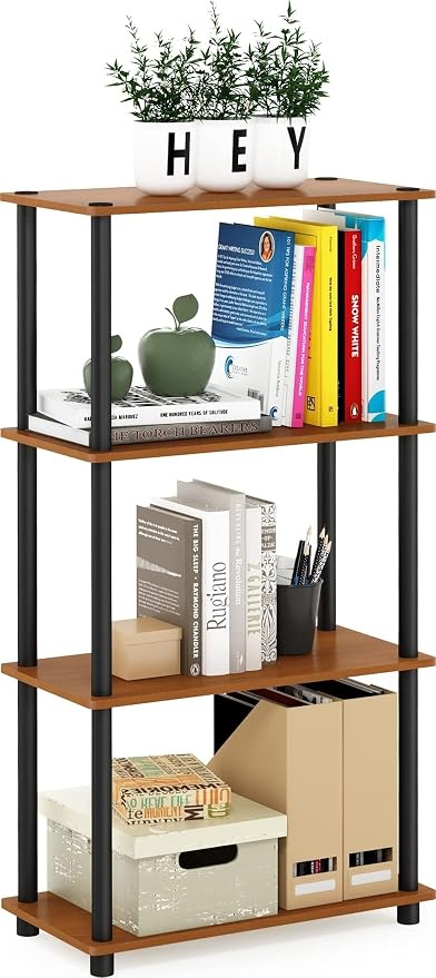 Furinno Turn-N-Tube Toolless 4-Tier Storage Shelves, Light Cherry | Wide Open Frame Book Shelf, Corner Shelf, for Organization, Living Room, Garage, Home Office