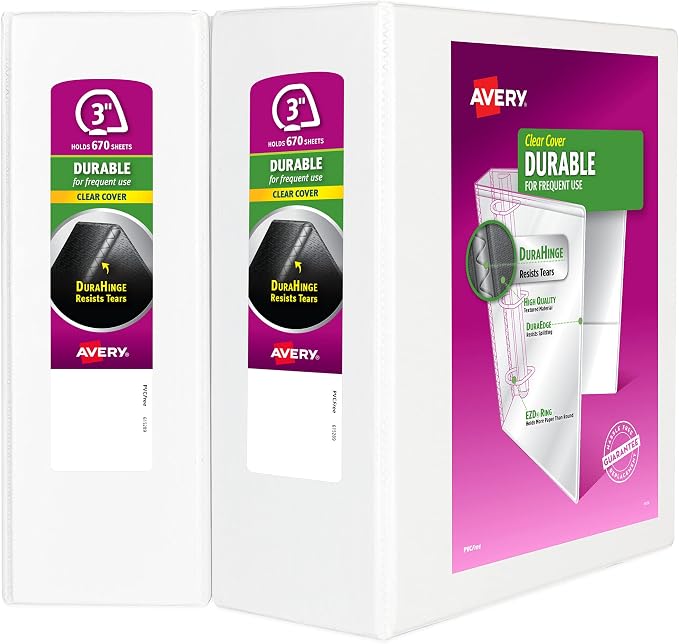 Avery Durable Clear View 3 Ring Binders, 3 Inch EZD Rings, 2-Pack of White Binders (35307)