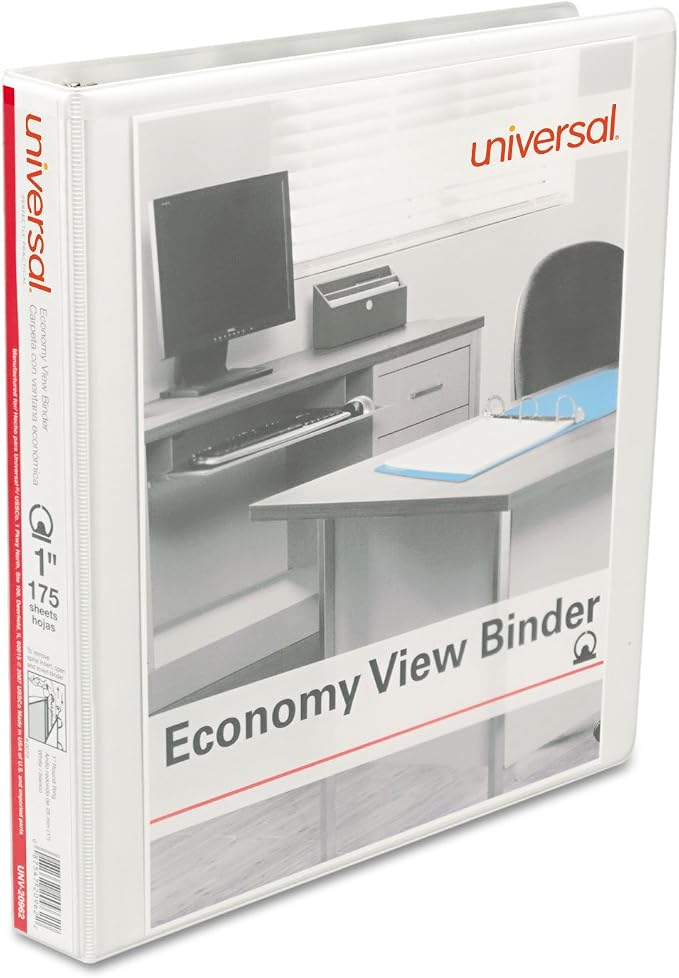 Universal 20962CT Economy Round Ring View Binder, 1" Capacity, White (Case of 12)