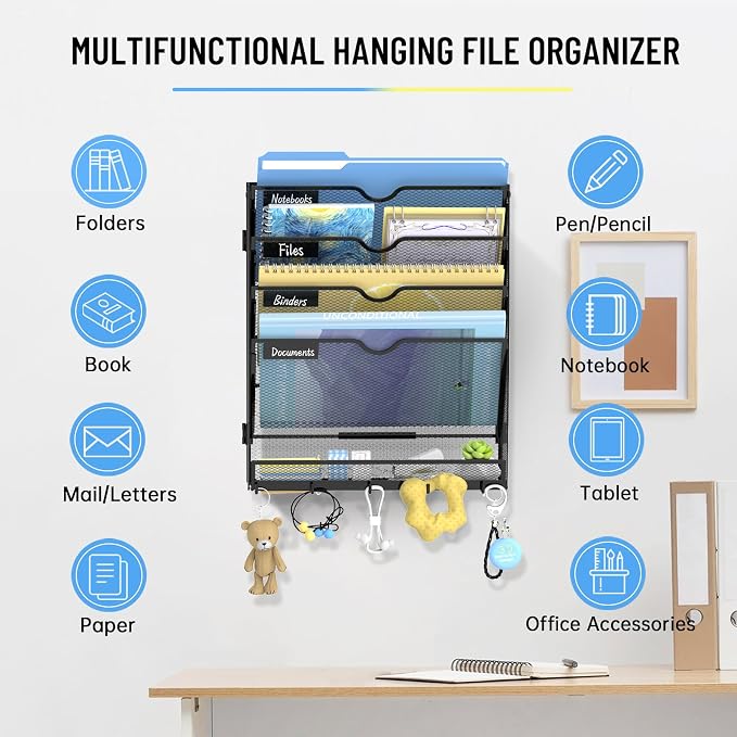 5-Tier Wall File Organizer with Hooks, Hanging File Organizer | Metal Mesh Mail Organizer, Wall Mounted File Organizer for Home, Classroom, Office Organization
