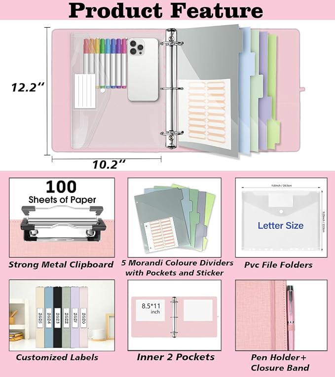 3 Ring Binder, 2 Inch Linen Binders Organizer for Letter Size (8.5" x 11") Paper with 5-Tabs Pockets Dividers, BVSSX Leather Three Ring Binders with Clipboard, Plastic Folder, Pen Loop - Pink Tulips