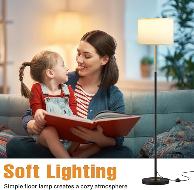 60'' Modern Floor Lamp with Shade, Tall Lamps for Living Room, Bedroom, Office, Dining Room, Gold & Black Lamp Pole(Without Bulb)