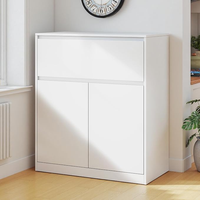 AMERLIFE Storage Cabinet with 2 Doors, 32 x 16 x 36 Inch | 1-Tier Storage Case and Modern Display Shelf for Collectibles, White