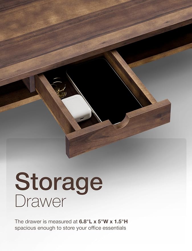 Tinamo Wood Monitor Stand with Drawer & Storage, Walnut Color (Patented) | Acacia Wood, Fits Monitors up to 32", Built-in Drawer, Hidden Storage, Non-slip, Round Edge, Ergonomic Height, Easy Assembly
