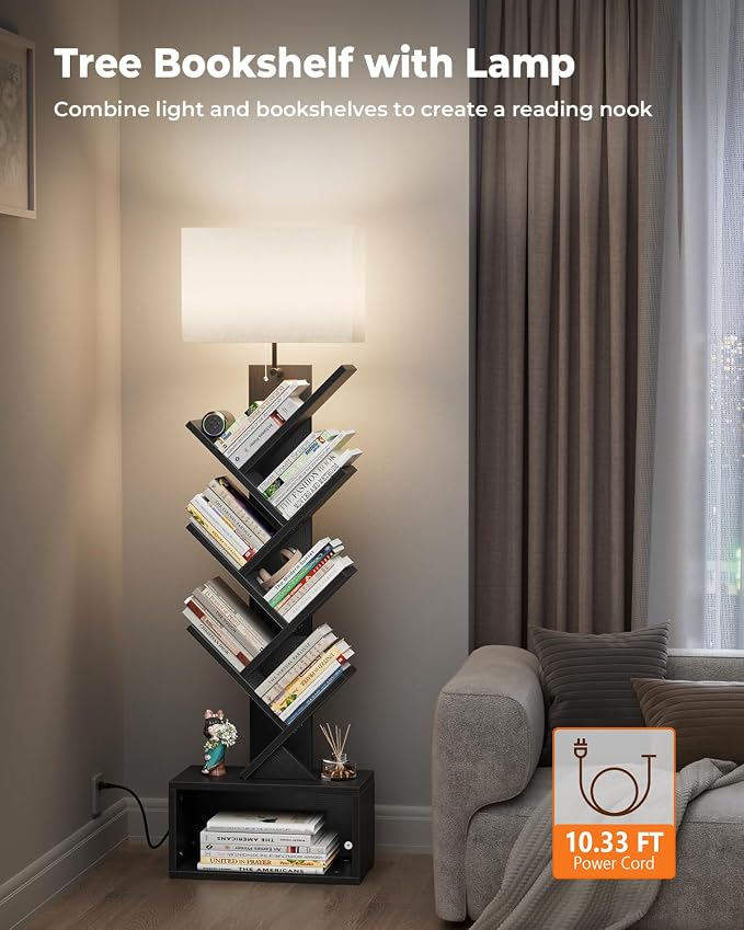 Evermagin 6 Tier Tree Bookshelf with Light, Bookcase, Black | Narrow Tower Design, Storage Cabinet for Book Organization, Tall Floor Standing Use, Living Room, Bedroom and Home Office