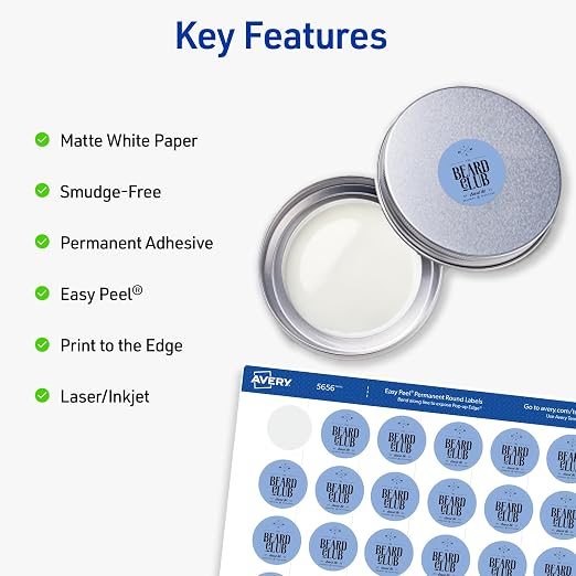 Avery TrueBlock Round Labels, 1" Diameter, Matte White, Sure Feed Technology, Print-to-The-Edge Capability, Laser/Inkjet Compatible, 720 Printable Labels Total (5224)