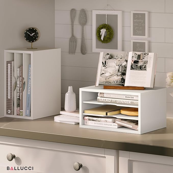 Ballucci File Organizer, 3-Tier Document Paper Sorter, Stackable Wood Desk Organizer, Mail Sorter and Monitor Stand with Storage Shelves, White