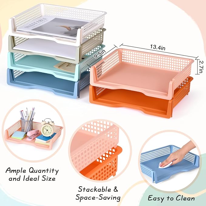 ZZYFGH 6 Pack in Trays for Teachers, Plastic Classroom Paper Organizers, Colorful Storage Baskets for Office, Stackable Office Desktop Document Paper Storage(13.4 * 9.5 * 2.7in)
