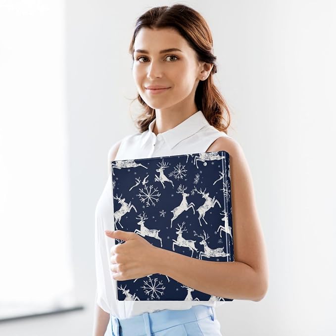 Rustic Winter Reindeer Snowflake Navy Blue 3 Ring Binder 1.5" Decorative D-Ring Binder with Clipboard&3 Clear Pockets, Holds 200 Sheets A4 Size Paper Waterproof Binders for School Home Office