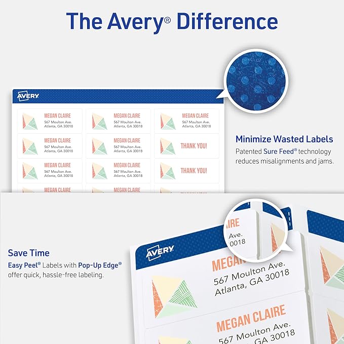 Avery® Easy Peel® Printable Address Labels, Sure Feed® Technology, 1" x 2-5/8" Customizable Stickers, White, 1,500 Blank Mailing Labels, Great for Mailing, Shipping, and More (2-Pack of 08160)