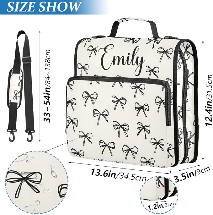 Custom Personalized Name Black Bow Pattern Zipper Binder 3 Ring