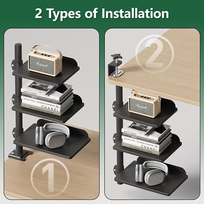 3 Tier Clamp on Desk Shelf, 360° Rotatable Desk Riser, Black | Height Adjustable Desktop Storage Tray with Baffle, Over or Under Desk Organizer Shelf for Office Accessories