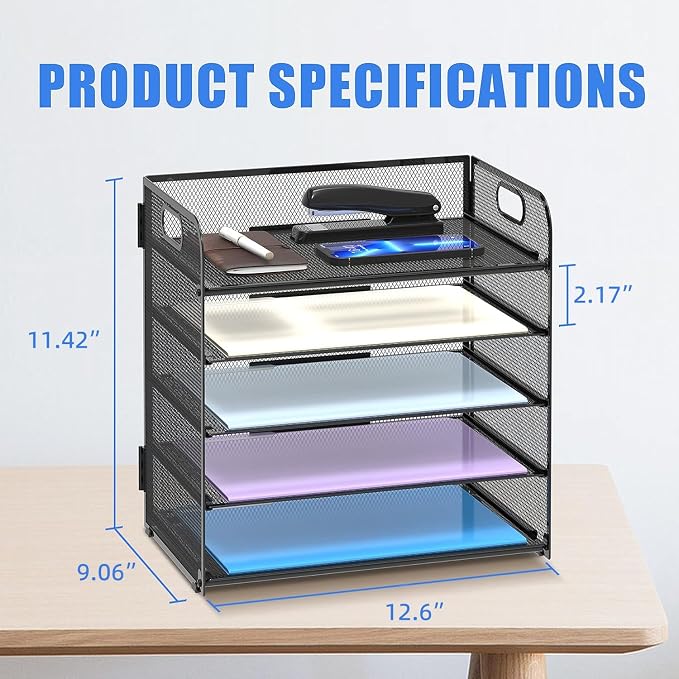 2 Pack 5-Tier Desk Organizer with Handle Mesh Desk File/Paper Organizer Letter Tray for Office, School, Classroom and Home Easy Installation, Black