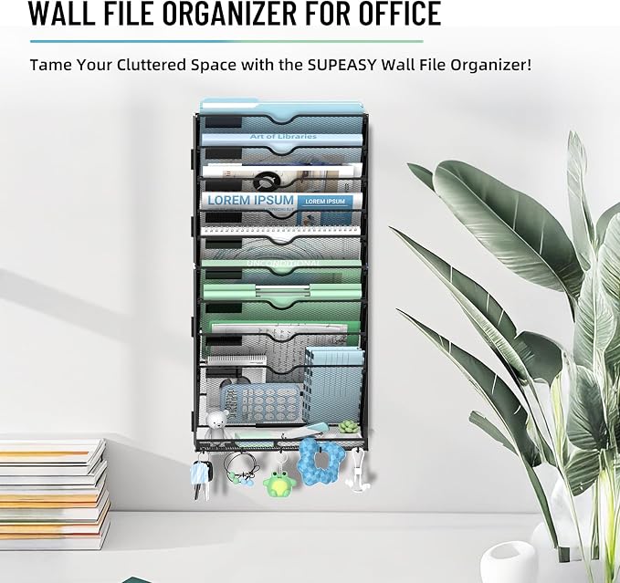 10-Tier Wall File Organizer with 5 Hooks, Wall Mounted Mail Organizer | File Holder Organizer, Metal Mesh Office Wall Organizer for Home, School & Classroom