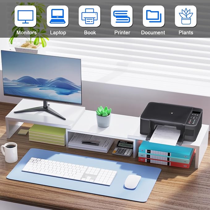 Dual Monitor Stand Riser | Monitor Stand for Desk, Metal Computer Stand, Desk Shelf Riser,Desktop Organizer for Home and Office Use (White)