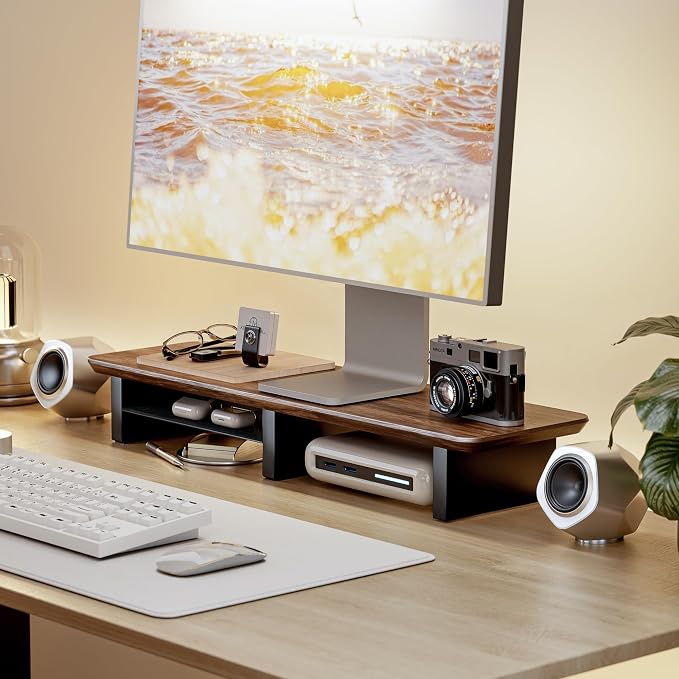 31.5" Dual Monitor Riser, Metal Shelf Wooden Desk Organizer | Walnut Wooden Desk Shelf for 2 Monitors/TV,Monitor Stand Riser for Desk, Wood Monitor Stand Organizer for Home Office
