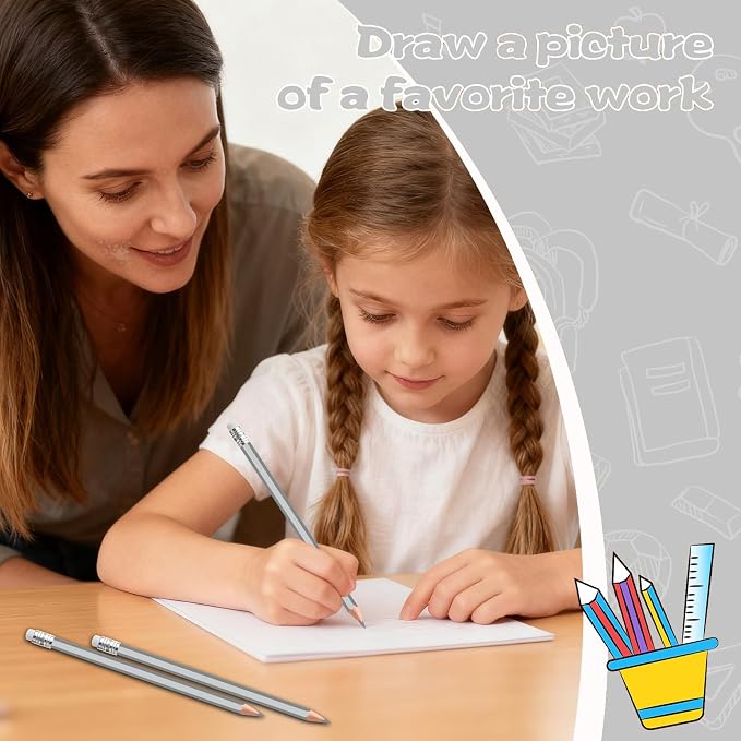 36 PCS Silver Colored Pencils with Eraser Pre Sharpened Pencil 2 HB - Ideal for Checking, Grading, Tests & Office/School Supplies (Silver)