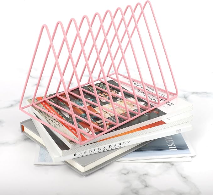 Vinyl Record Holder Storage, 9 Slot Metal Magazine Book Album Display Rack, Stylish Triangle Desktop File Sorter Organizer for Home Office, Pink Pack of 2