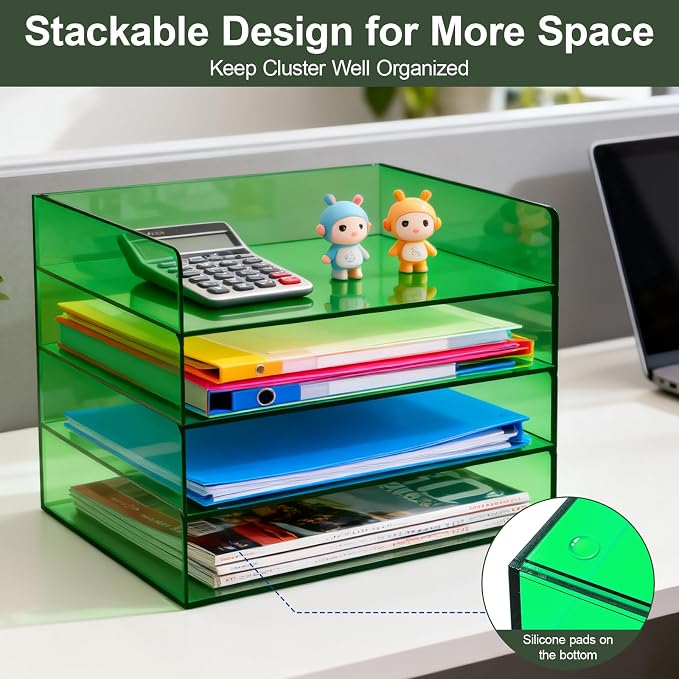 Gelite Acrylic File Organizer for Desk 4 Tiered Stackable Letter Tray Office Paper Storage Desktop Document Sorter, Emerald Green