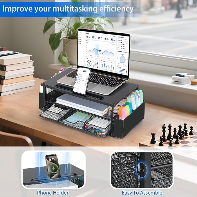 AUPSEN Wood Computer Monitor Stand Riser, 2-Tier Black Desk Organizer with Drawer, Pen Storage & Phone Holder ，Office Desk Accessories Desktop Organizer for Office Supplies (Black)
