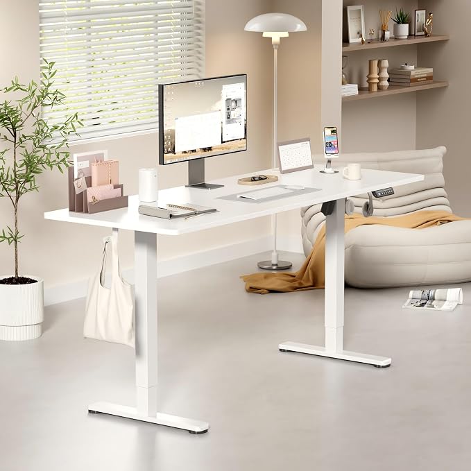 YESHOMY Height Adjustable Electric Standing Desk, 63 x 24 Inches Memory Home Office Sit Stand up Desk with Phone Holder and USB Charging Port, White