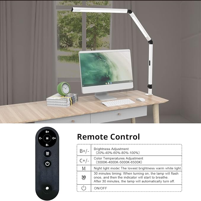 LED Desk Lamp for Home Office, Architect Clamp Desk Lamp with Remote Control, Adjustable Dimmable Swing Arm Clamp on Table Light Clip-on Dual Light 5 Brightness Levels & 4 CCT Modes
