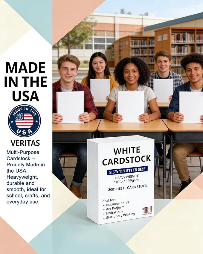 Veritas White Cardstock 8.5 x 11, 110 LB Index/199GSM Heavyweight Card Stock Paper, 300 Sheets, Premium Smooth Thick Paper for Inkjet & Laser Printing, Invitations, Cards, Art Projects & Crafts