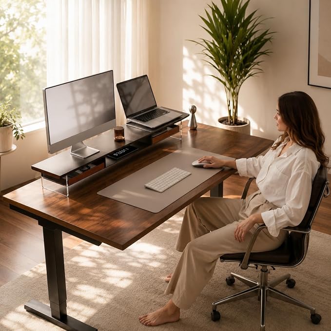 Fenge 42.5-Inch Monitor Stand with 2 Flexible Drawers, Black | Metal Shelf, Solid Wood Accents, Clear Acrylic Legs, Modern Desktop Organizer for Dual Monitors, Laptop & Printer