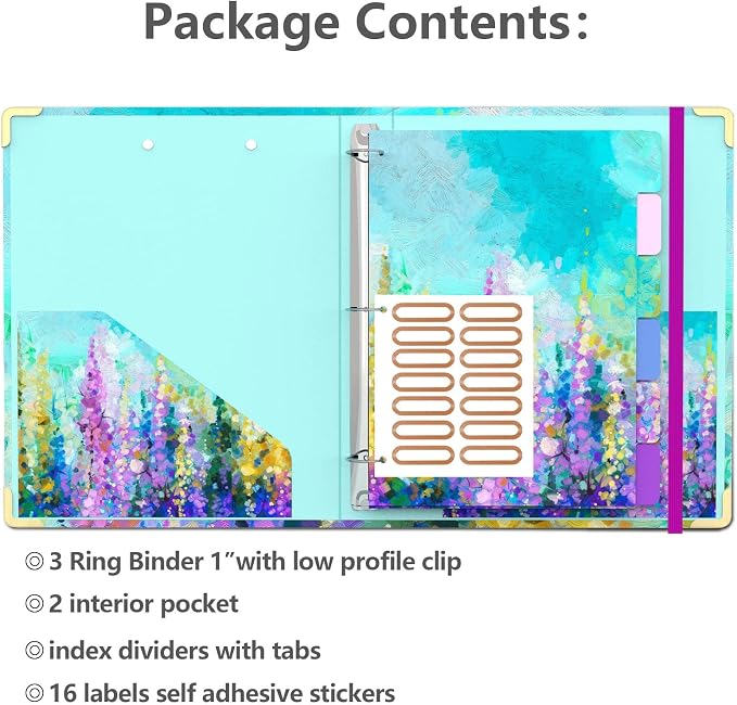 3 Ring Binder 1 Inch Ring, 2 Interior Pockets, 5 Tab Dividers, Low Profile Clipboard with Storage, Fashion Cute Binder and Labels Stickers for School Office (Purple Oil Painting)