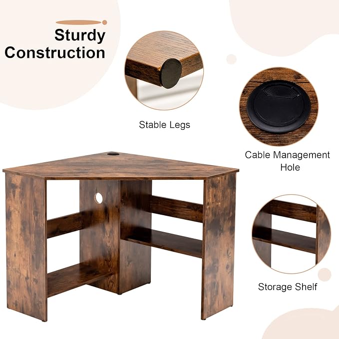 Tangkula Corner Desk, 90 Degrees Triangle Computer Desk for Small Space, Bedroom Makeup Vanity Desk with Storage Shelves & CPU Stand, Space Saving