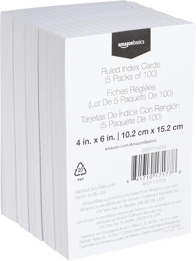 Amazon Basics Ruled Lined Index Cards for Notes, Studying, Flash Cards, White, 4" x 6", 100 Count (Pack of 60)