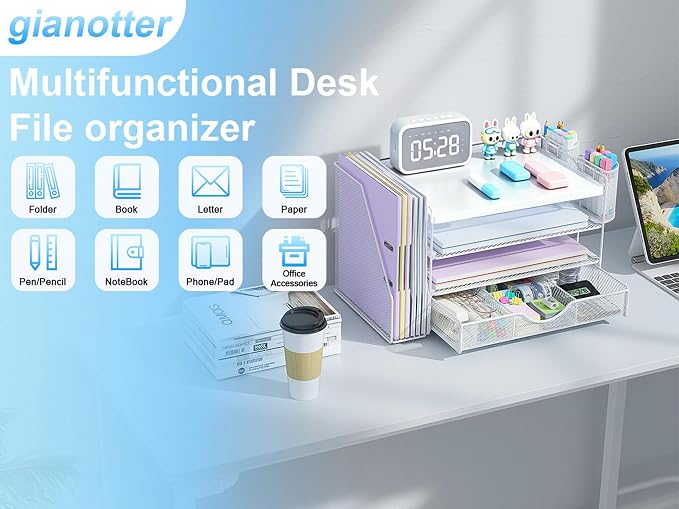 gianotter Wood Desk Organizers and Accessories with File Holder, 4-Tier Desk Accessories & Workspace Organizers with Drawer and 2 Pen Holder, Desk Reference Organizer (White, 4T with Metal Drawer)