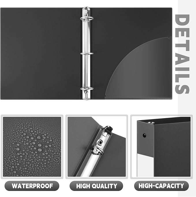 Henoyso 24 Pcs 1.5 Inch 3 Ring Binders, Letter Size,Black | Binders Bulk, Holds 350 Sheets, Round Rings, Durable Flexible PP Plastic Covers, Pockets Labels, School Office Supplies