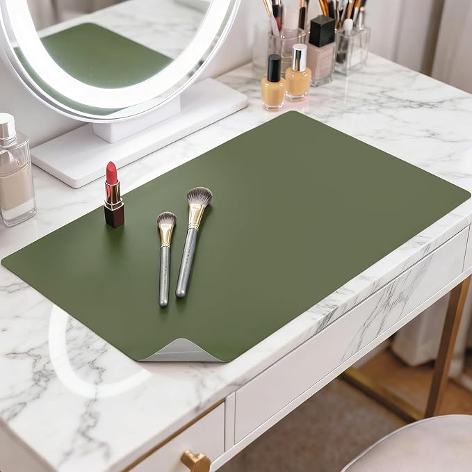 LovePads Makeup Mat for Vanity, 14" x 24" PVC Desk Mat & Dresser Cover Top | Waterproof Desk Protector, Vanity and Desk Accessories; Wipes Clean, Ideal for Writing, Nail Art, Craft Table, Green+Grey